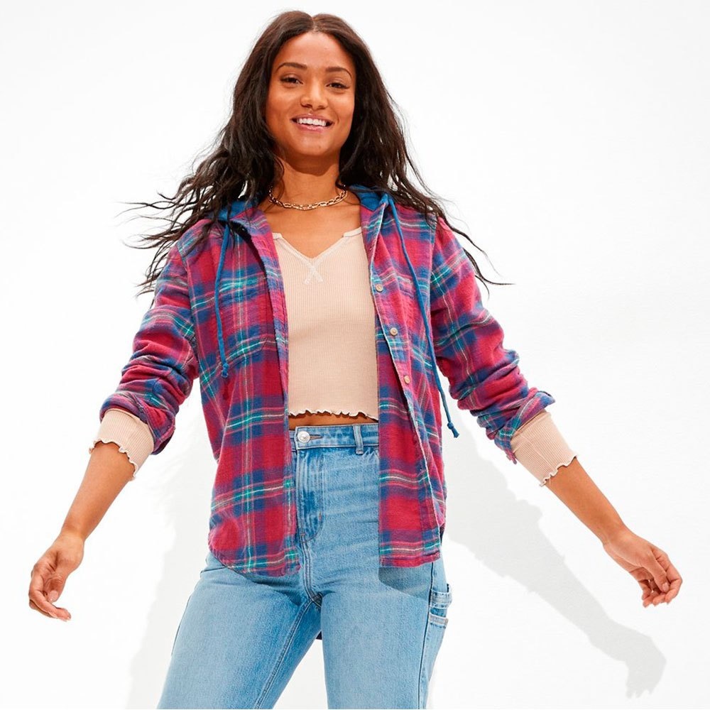 American Eagle Distressed Hooded Flannel Plaid Shirt Medium